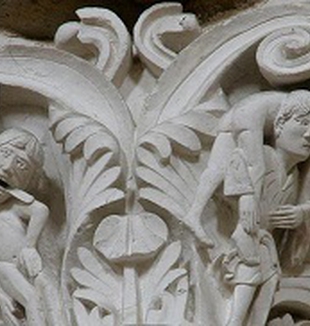 O capitel da basílica de Santa Maria Madalena em Vèzelay.<br> À direita, o apóstolo traidor sendo carregado por Jesus.