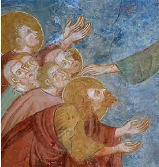 Cristo e os apóstolos. Detalhes dos afrescos com cenas da Vida de Cristo. Igreja de Santa Margarida (~séc. XIII), Laggio di Cadore (Belluno, Itália)