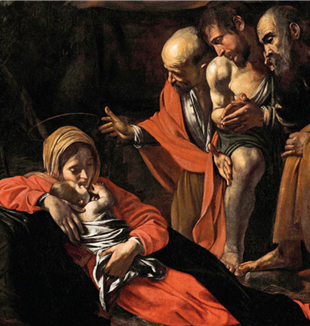 Caravaggio, "Adoração dos pastores" (detalhe), 1609. Museu Regional de Messina